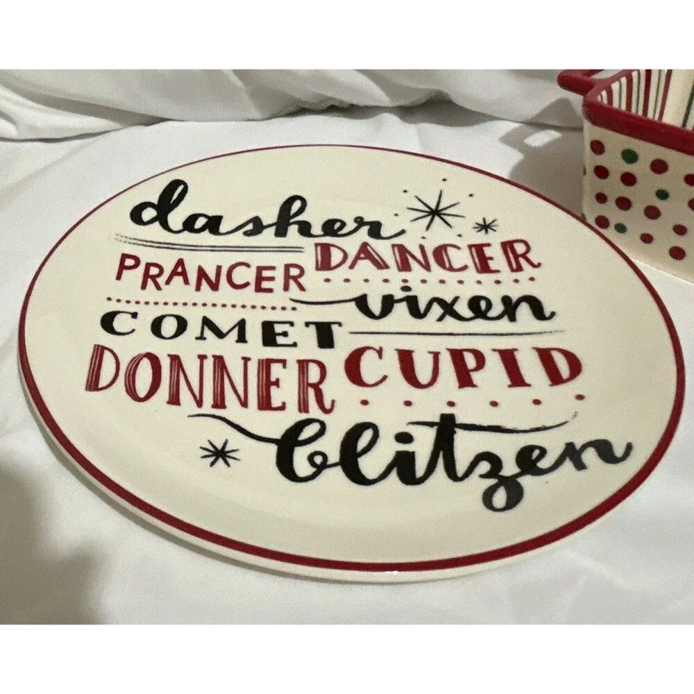Holiday Home Plate with Reindeer Names and Holiday Times Mini Loaf Pan Red Green